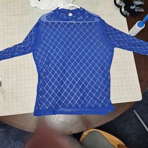 Blue Sheer Rhinestone Grid Long Sleeve Top